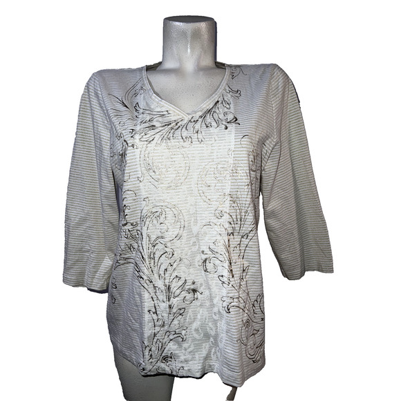 Zenergy CHICO'S Top Size L (2) Ivory Gold Striped 3/4 Sleeve Lace Front Shirt - Picture 1 of 6